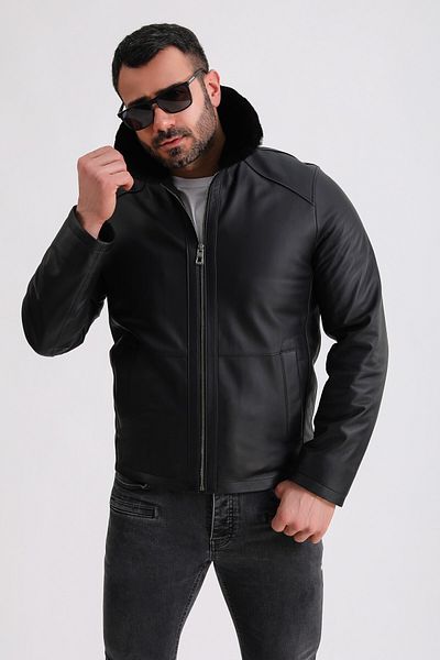 Leather Club Taffeta Leather Jacket with Black Fur Accessories