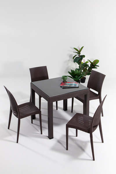 MOBETTO Rattan Small Camlı Kahve Masa Takımı Bahçe&balkon 1 Camlı Masa + 4 Sa...