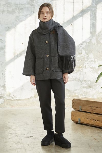 InStyle Leather Piping Detailed Scarf Stitched Coat - Anthracite