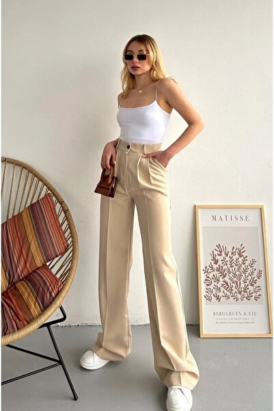 QİSSO Tesatura BEI Pantaloni Pantaloni Paca Largi