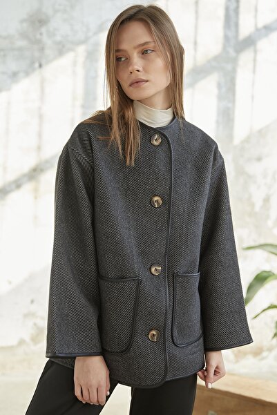 InStyle Δερμάτινο παλτό Stash με Λεπτομέρεια Piping - Anthracite