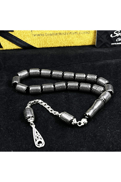 TAŞHAN Yoğun Gümüş Çeşmi Bülbül İşlemeli Kapsül Kesim Kumpaslı İşçilik 17 li Erzurum Oltu Taşı Efe Tesbihi