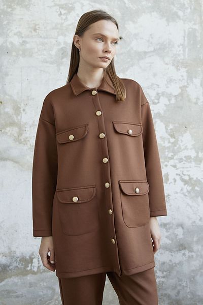 InStyle Scuba Suit with Buttoned Pocket Detailed Jacket - Tan