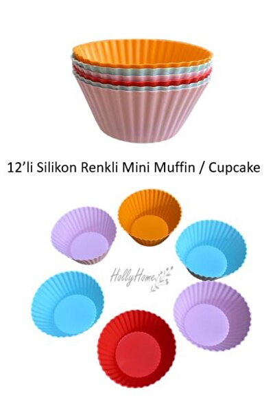 HOLLYHOME 12'li Yıkanabilir Mini Muffin Pişirme Kalıbı, Silikon Ribanalı Kek, Cupcake, Hamur Işi Renkli Kap