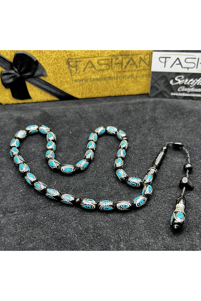 TAŞHAN Gümüş Firuze İşlemeli Kapsül Kesim Erzurum Oltu Taşı Tesbih