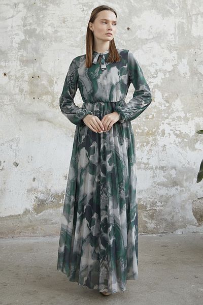InStyle Φόρεμα από τούλι με γιακά με ζώνη - Πράσινο
