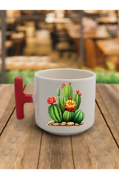 lili hediyelik Cactus Printed Red Handle Coffee Cup Ceramic Mug - Ceramic Tea, Coffee Gift Cup
