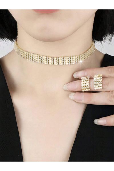 Etique Gold 2-Piece Choker Necklace Earrings Waterway Set Fashion Set Necklace Earring Set