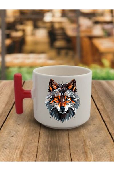 lili hediyelik Modern Wolf Printed Red Handle Coffee Cup Ceramic Mug - Ceramic Tea, Coffee Gift Cup