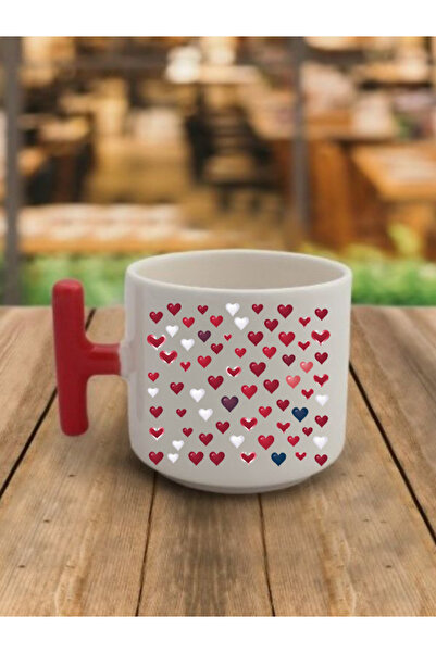 lili hediyelik كوب قهوة بمقبض أحمر على شكل قلب كوب سيراميك - شاي سيراميك، كوب...