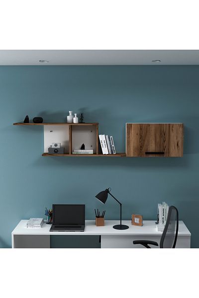 ARNETTİ Newra 3-Section Wall Shelf with Cabinet Walnut & White - Newra