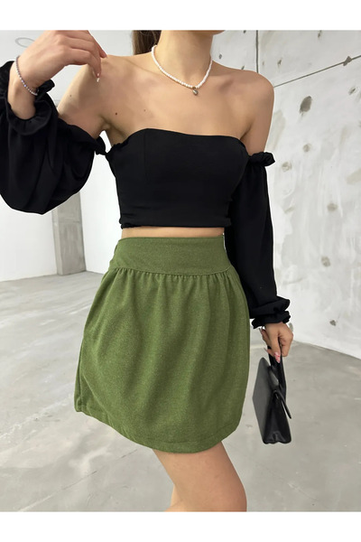 TakıDolabı Elastic Waist Mini Skirt Khaki