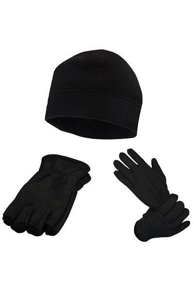 AXE SPORTSWEAR Black Winter Thermal Fleece Fingerless Gloves - Fleece Fingered Gloves - Polar Beanie 3-Piece Winter Set