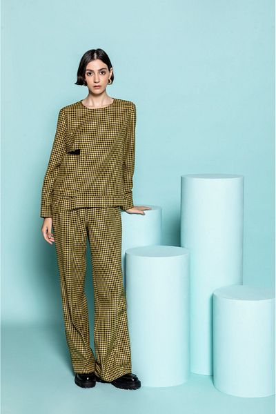 KAMEYA Pocket Detailed Houndstooth Yellow Blouse