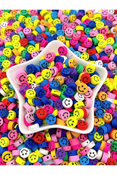 Ebruli Boncuk 10mm Gülen Yüz Renkli Karışık Polimer Fimo Figür Boncuk Fimo Be...