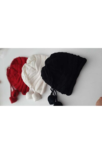 Betülce 3 BANTLI LALE PONPONLU İPLİ YUMUŞACIK KADIN BERE ÇİFT KATLI BERE