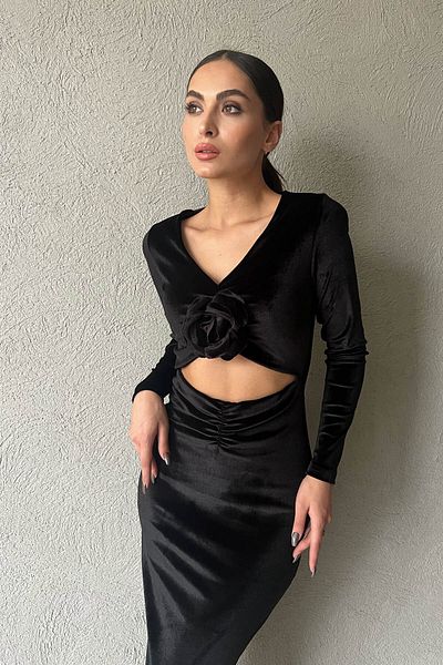 Seda Yalçın Atelier Black Rose Detailed Velvet Dress