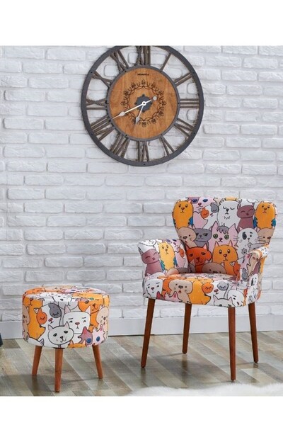 tubihome Digital Desenli Kollu Berjer ve Puftan Oluşan Set