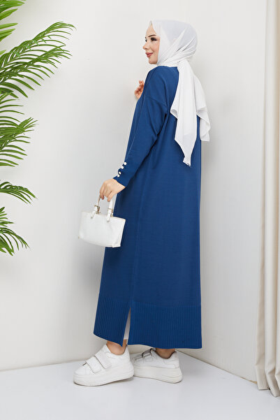 Pamuk Butik Γυναικεία Πλεκτά Πλεκτά Ολόσωμα Ζακέτα Νυχτερινό Μπλε με Λεπτομέρεια Mercerized Button