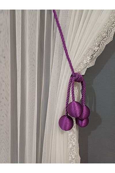 venedik home Συσκευή δεσίματος τούλι και φόντου 4 μπάλες μωβ χρώματος - Κορνίζα οροφής διπλής ράγας Takmatik