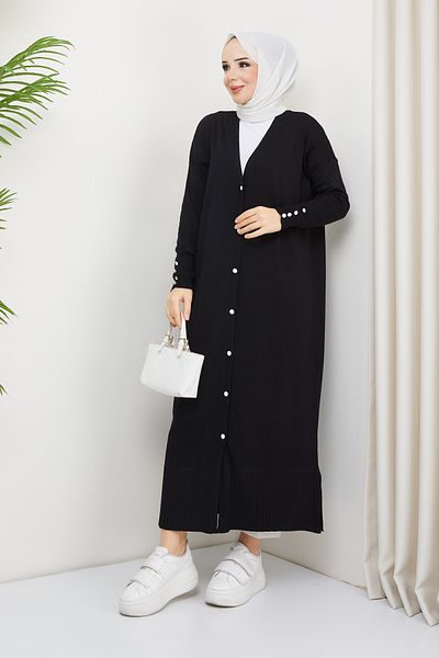 Pamuk Butik Γυναικεία Πλεκτά Πλεκτά Ολόσωμη Ζακέτα Mercerized με Λεπτομέρεια Μαύρη