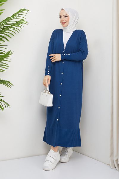 Pamuk Butik Women's Mercerized Button Detailed Full Length Knitwear Cardigan Midnight Blue