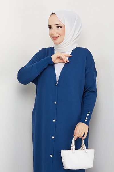 Pamuk Butik Women's Mercerized Button Detailed Full Length Knitwear Cardigan Midnight Blue