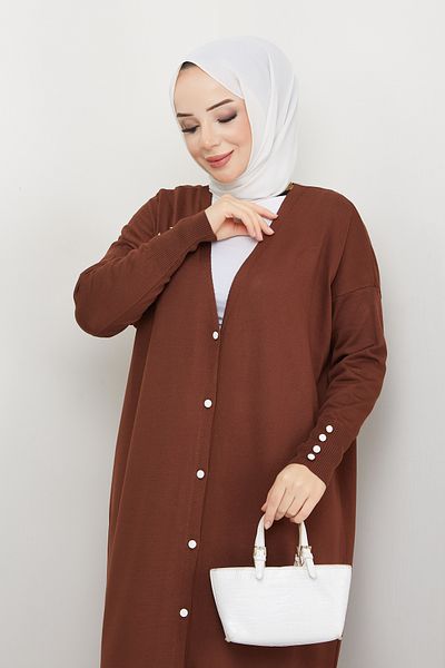 Pamuk Butik Γυναικεία Πλεκτά Πλεκτά Ολόσωμα Ζακέτα Mercerized με Λεπτομέρεια Καφέ