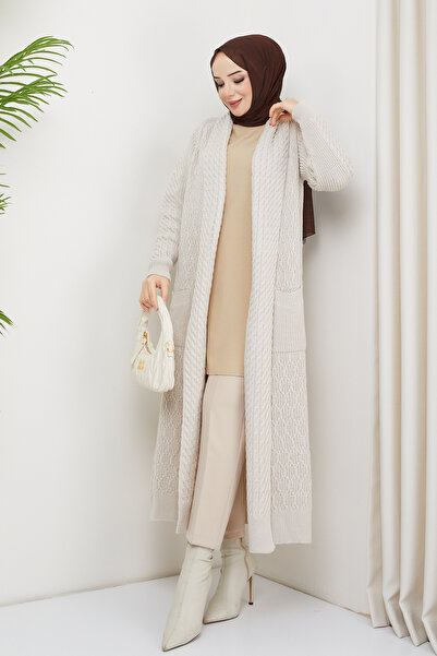 Pamuk Butik Γυναικείο Πλεκτό Πλεκτό Πλεκτό Ζακέτα με Λεπτομέρεια Τσέπης Πέτρινο Χρώμα