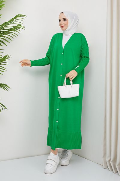 Pamuk Butik Γυναικεία Πλεκτά Πλεκτά Πλεκτά Πλήρους Μήκους Ζακέτα Benetton Green Mercerized με λεπτομέρεια με κουμπιά