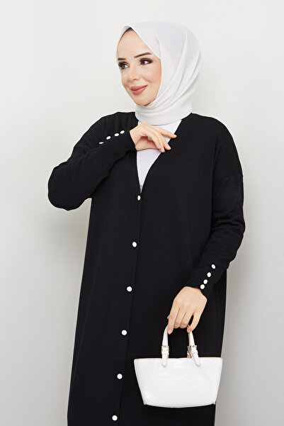 Pamuk Butik Γυναικεία Πλεκτά Πλεκτά Ολόσωμη Ζακέτα Mercerized με Λεπτομέρεια Μαύρη