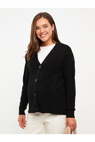 LC Waikiki V-Neck Self Patterned Long Sleeve Maternity Knitwear Cardigan