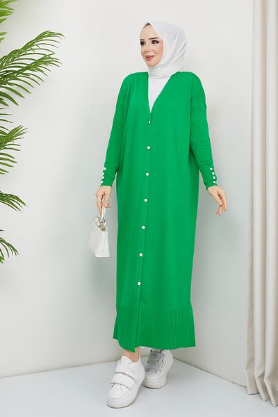 Pamuk Butik Γυναικεία Πλεκτά Πλεκτά Πλεκτά Πλήρους Μήκους Ζακέτα Benetton Green Mercerized με λεπτομέρεια με κουμπιά