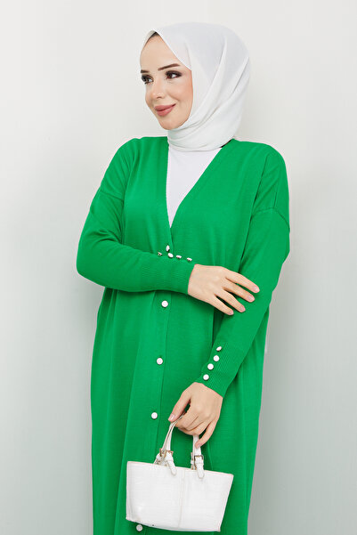 Pamuk Butik Γυναικεία Πλεκτά Πλεκτά Πλεκτά Πλήρους Μήκους Ζακέτα Benetton Green Mercerized με λεπτομέρεια με κουμπιά