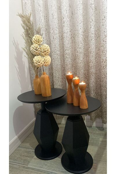 Gold Design İkili Mantar Prizma Model Zigon Sehpa Seti Siyah 50-55 Cm Yükseklik