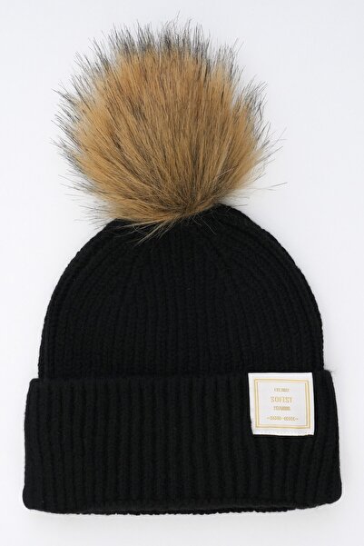 Sofist İstanbul Siyah Ponponlu Dokuma Etiketli Soft Yıkama Yünlü Ve Katlamalı Kadın Örgü Bere