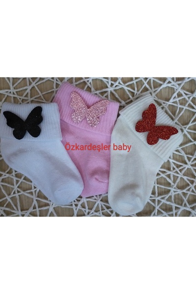 ÖZKARDEŞLER BABY Çocuk Bebek Kıvrık Çorap Kelebek Figürlü 3 lü