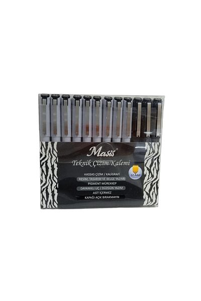 Masis Technical Drawing Pen Set Black Round - Brush - Cut Point 12 Pack Set