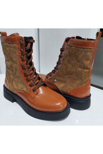 ONE STEP Women's Square Heeled Suede Stone Embroidered Patent Leather Fur Boots