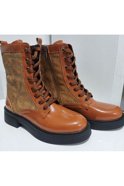 ONE STEP Women's Square Heeled Suede Stone Embroidered Patent Leather Fur Boots