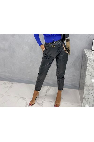 1Moda1Tarz Women's Black Elastic Waist Side Chain Pocket Lace-up Pipe Leg Leather Pants