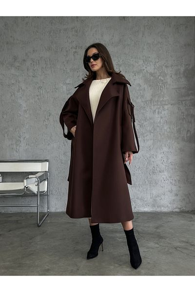 Elif Özbey Butik Hořkohnědý prémiový kabát s detailem kapsy na rukávech