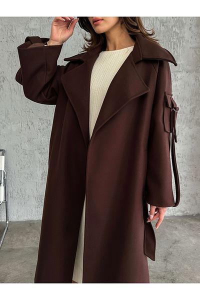 Elif Özbey Butik Hořkohnědý prémiový kabát s detailem kapsy na rukávech