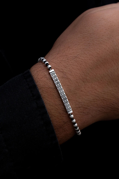 htc gümüş sepeti Erkek Gümüş Bileklik - Boncuklu Baklava Desen Gümüş Bileklik