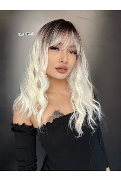 Suzan Peruk Dalgalı Kısa Perçemli Fiber Sentetik Peruk - Kahve / Beyaz Platin...