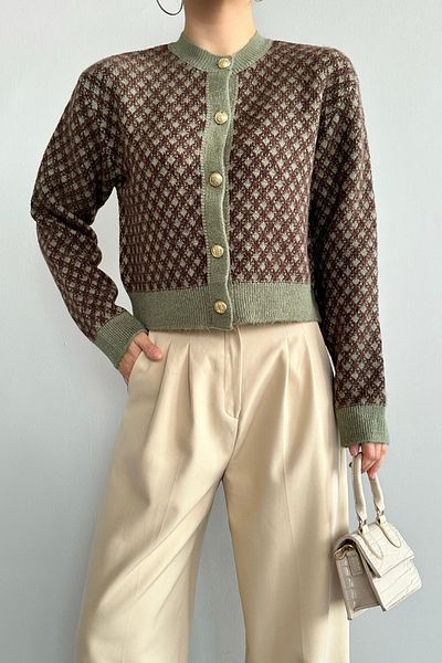 LOOSH Cardigan verde pentru femei, cu gât crew, cu nasturi aurii