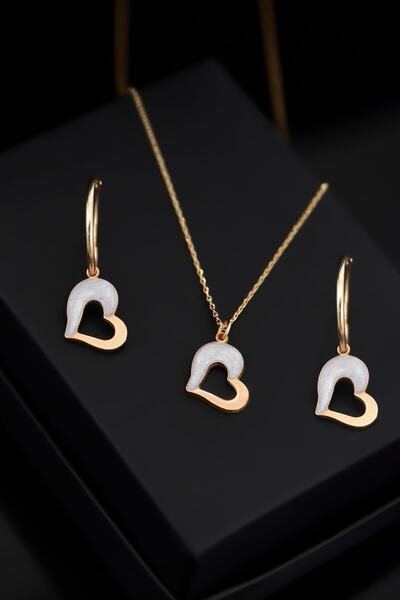 Sinsirella 925 Ayar Gümüş Rose Kaplama Sedef Mineli Kalp Kolye Ve Küpe Kadın Set