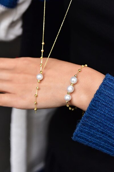 Sinsirella 925 Ayar Gümüş Altın Kaplama Dorika Toplu Incili Kolye Bileklik Set