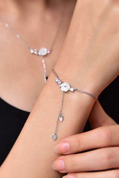 Sinsirella 925 Ayar Gümüş Rodyum Kaplama Zincir Sallantılı Taşlı Sedef Manolya Çiçeği Kolye Ve Bileklik Set