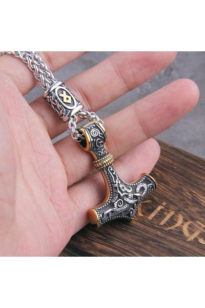 Viking Thor Scandinavian Mjollnir Othila Mesh Chain 316l Men's Steel Necklace with Embroidery Accessories